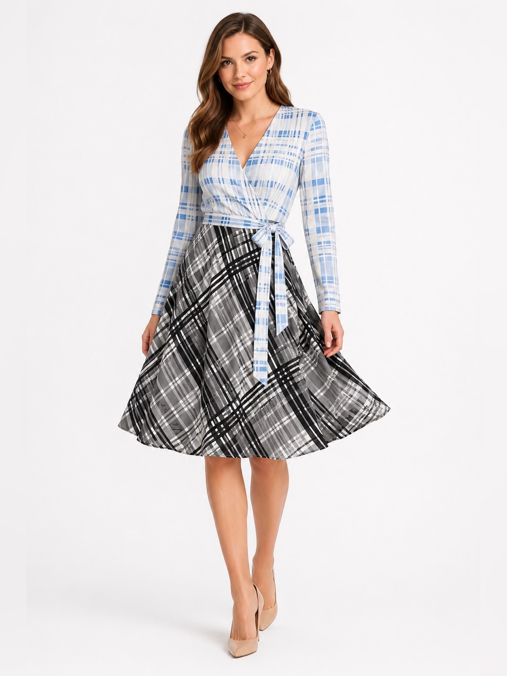 Diane von Furstenberg V-Neck Contrast Skirt Wrap Dress Silk Blu & Black Plaid 6